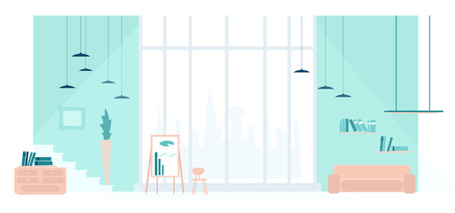 Office interior with a big window.  Co-working workspace illustration