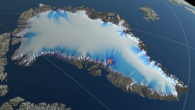 Animation of the Greenland ice melting due to global warming. Simulation of the future prevision worst scenario with raising of the CO2 emissions