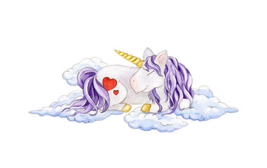 Cute sleeping unicorn in the clouds  watercolor illustration. Hand drawn fairy tale sleeping cartoon unicorn character with two red hearts on the back. Cute fantasy magic animal with lilac hair.  © anitapol