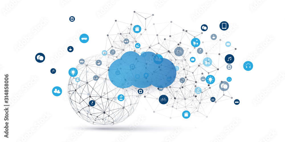 Poster cloud computing design concept - digital connections, technology background with wireframe sphere an
