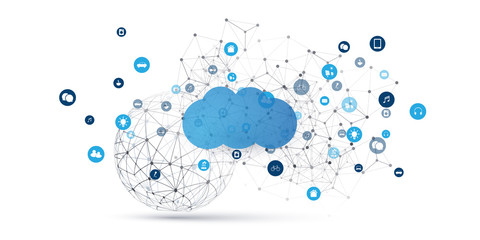 Cloud Computing Design Concept - Digital Connections, Technology Background with Wireframe Sphere and Geometric Network Mesh
