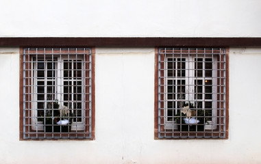 Closed windows with metal bars for security on a white wall