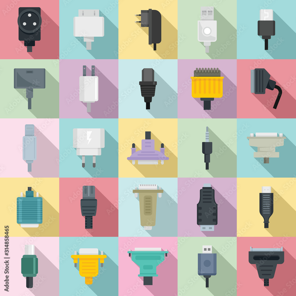 Poster adapter icons set. flat set of adapter vector icons for web design
