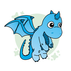 Illustration of Blue Baby Dragon Cartoon, Cute Funny Character, Flat Design