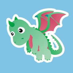 Sticker of Green Baby Dragon Cartoon, Cute Funny Character, Flat Design