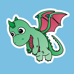 Sticker of Green Baby Dragon Cartoon, Cute Funny Character, Flat Design