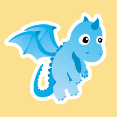 Sticker of Blue Baby Dragon Cartoon, Cute Funny Character, Flat Design