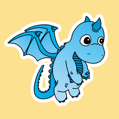 Sticker of Blue Baby Dragon Cartoon, Cute Funny Character, Flat Design