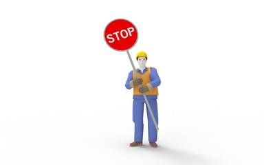 3d rendering of a man holding a stop sign isolated in white background