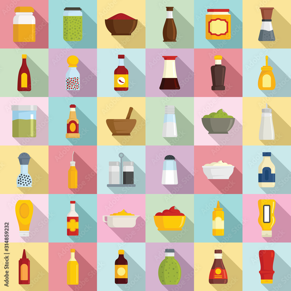 Poster condiment icons set. flat set of condiment vector icons for web design