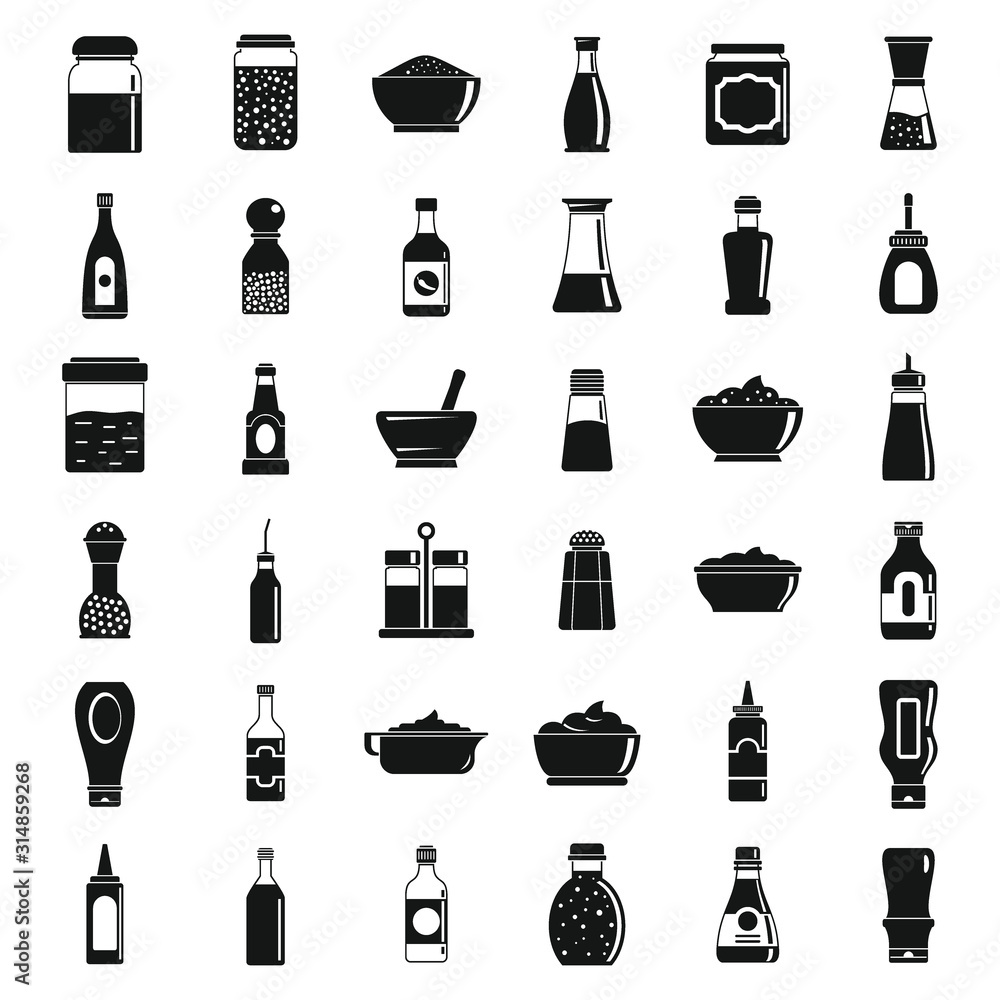 Poster condiment sauce icons set. simple set of condiment sauce vector icons for web design on white backgr