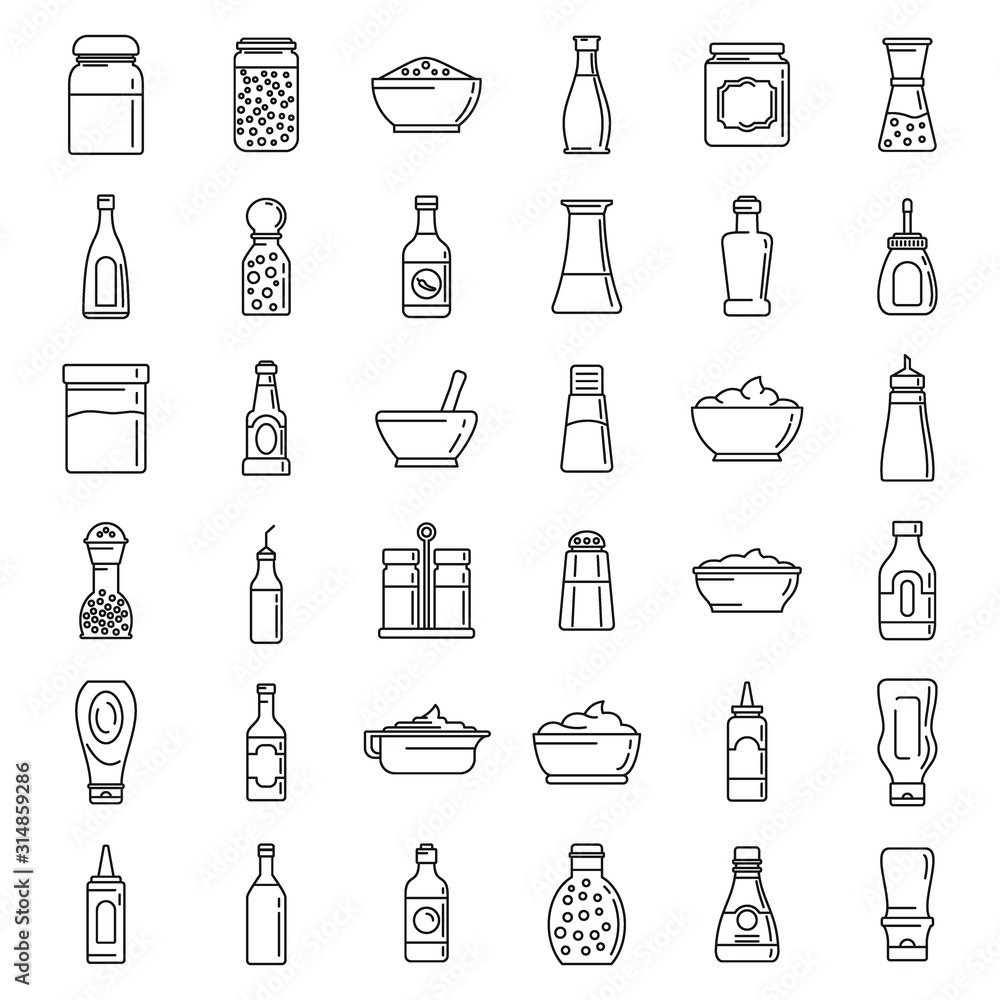 Poster condiment food icons set. outline set of condiment food vector icons for web design isolated on whit