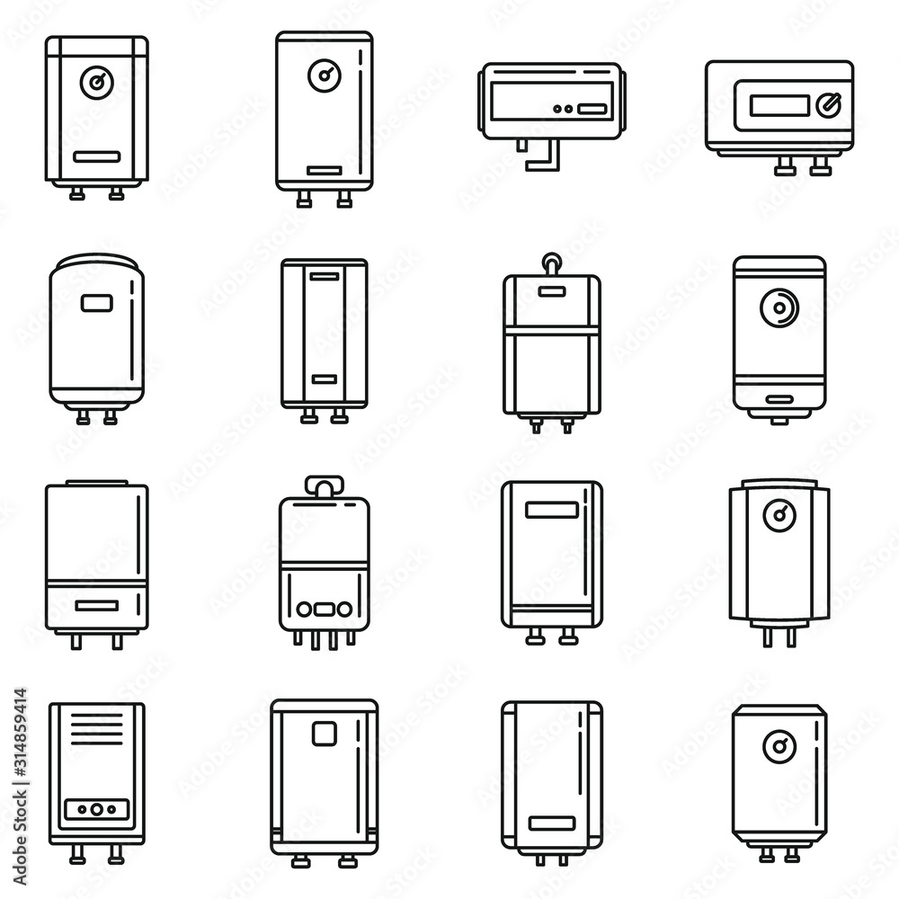 Poster water boiler icons set. outline set of water boiler vector icons for web design isolated on white ba