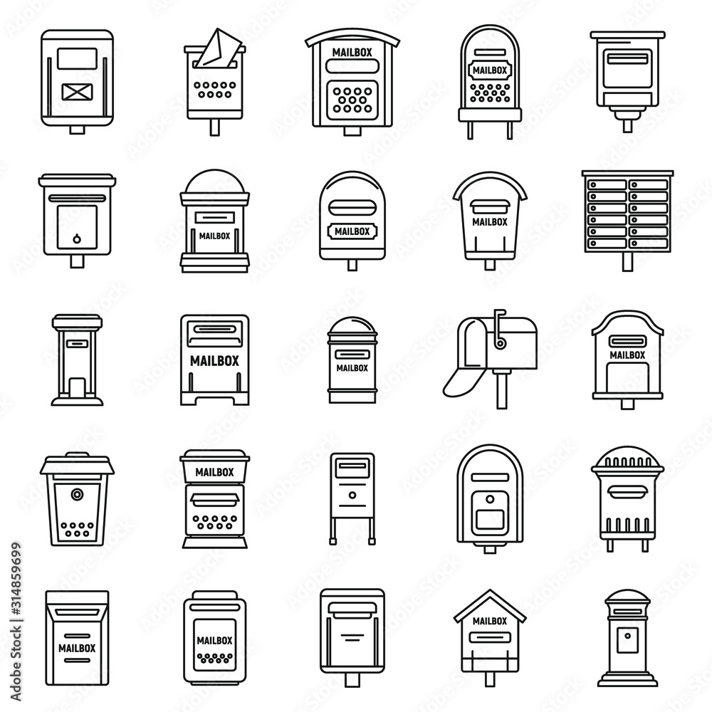 Poster metal mailbox icons set. outline set of metal mailbox vector icons for web design isolated on white 
