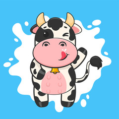 Naklejka premium Cartoon cow drinking milk vector. For decorating dairy products on World Milk Day.