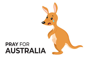 Cartoon kangaroo mother crying because of fear from forest fires in Australia with the message "Pray for Australia".