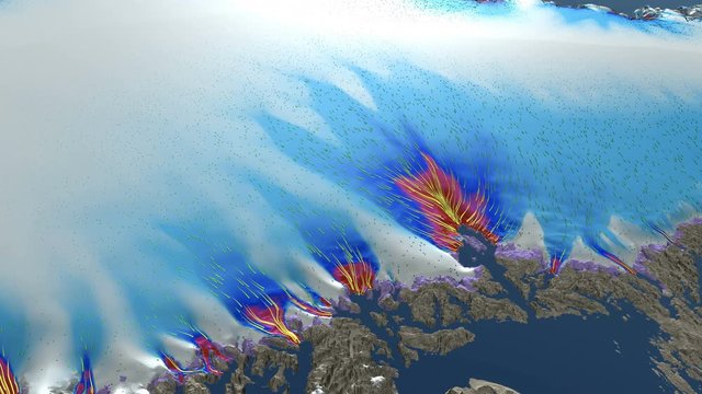 Animation of the Jakobshavn glacier in Greenland ice melting due to global warming. Simulation of the future prevision of the worst scenario with raising of the CO2 emissions