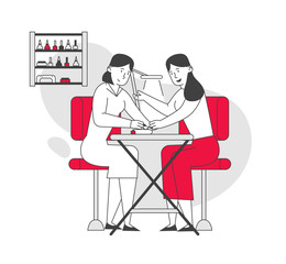 Woman Visiting Beauty Salon. Master Doing Manicure Procedure in Barbershop for Girls. Grooming Place or Club with Professional Devices, Fashion Spa Body Care Cartoon Flat Vector Illustration, Line Art