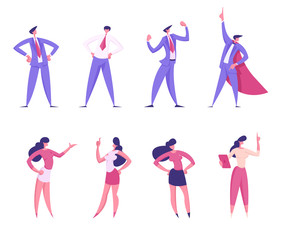 Set of Businesspeople Male and Female Characters Isolated on White Background. Men and Women Wearing Formal Dressing Stand in Different Postures, Communicate Gesturing Cartoon Flat Vector Illustration