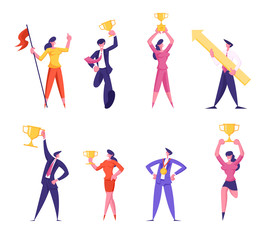 Set of Successful Businesspeople Win in Leadership Corporate Competition Posing with Golden Goblet Taking First Place. Winner Business Men and Women Celebrate Victory Cartoon Flat Vector Illustration