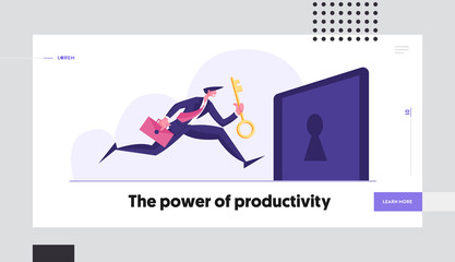 Business Task Solution Website Landing Page. Businessman Character Holding Briefcase Carry Huge Heavy Golden Key to Unlock Keyhole. Career Growth Web Page Banner. Cartoon Flat Vector Illustration