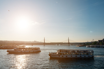The bridge of the Golden horn in the evening sun. View from Galata bridge.