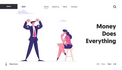 Most Great Financial Results Website Landing Page. Boastful Businessman Demonstrate Muscles with Dollar Sing to Thoughtful Businesswoman Look on him Web Page Banner. Cartoon Flat Vector Illustration