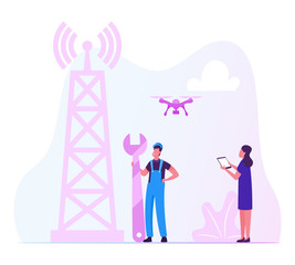 Worker in Uniform Hold Wrench Install Equipment for 5G Internet on Transmission Telecommunication Tower. Woman Control Quadcopter, High-speed Communication Technology Cartoon Flat Vector Illustration