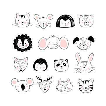 Set of cute portraits of different animals in a Scandinavian black and white style. Doodle drawings of animals. Elephant, koala, dog, cat, lion, rabbit, deer. Vector illustration 