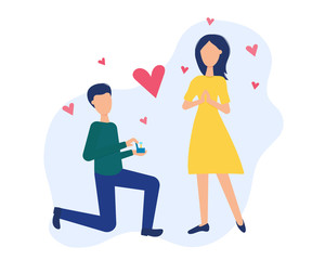 An offer of marriage. Man proposes a woman to marry him and gives an engagement ring. Cute couple in love. Color vector illustration in flat style.
