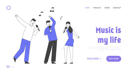 Obraz premium Corporate Party Celebration, Relax Website Landing Page. Happy Friends Company Holding Microphones Singing in Karaoke Club, Active Weekend Web Page Banner. Cartoon Flat Vector Illustration, Line Art