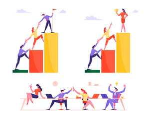 Set of Business People Climbing Up Financial Graph and Chart Stairs Set Up Flag on Top. Career Ladder with Characters. Team Work, Challenge Partnership and Leadership Cartoon Flat Vector Illustration
