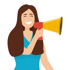 Woman speaks in a sound megaphone isolated on white