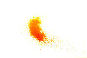 orange glitter powder and sand color splash or burst isolated on white