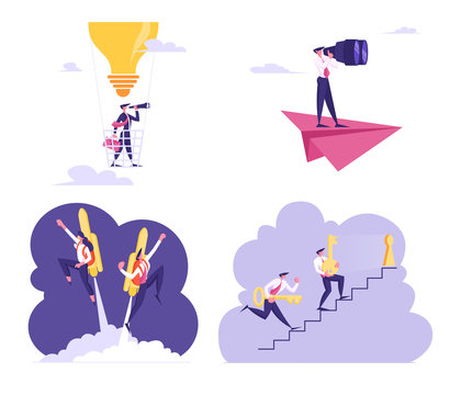 Set of Business People Flying on Air Balloon, Rocket Jet Pack and Paper Airplane, Climbing Upstairs with Huge Keys. Office Workers Career Boost Vision, Start Up Launch Cartoon Flat Vector Illustration