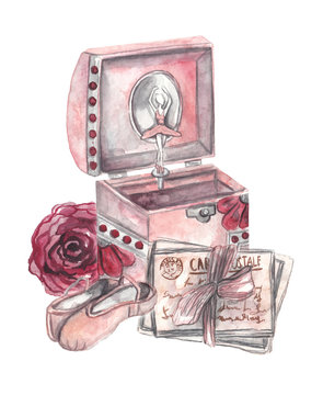 Music Box, pointe shoes, vintage letters, red rose. Ballerina in a music box. Watercolor illustration on white isolated backgrounds