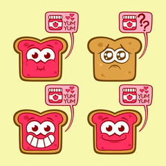 Cute cartoon breakfast lunch toast and strawberry jam kawaii set emotion  