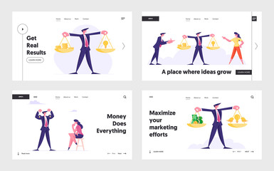 Profitable Insight, Weights Balance Website Landing Page Set. Crowd Funding Project Sponsorship. Entrepreneur with Scales, Business Winner Show Power Web Page Banner. Cartoon Flat Vector Illustration