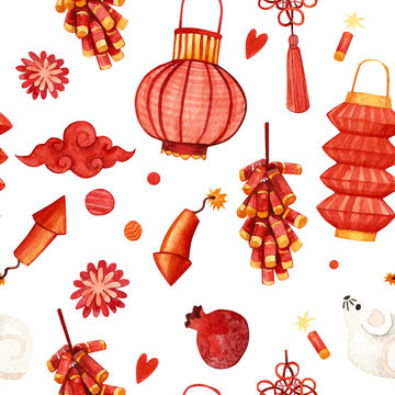 Watercolor background oriental Chinese New Year elements, lights. Seamless watercolor pattern. Hand-drawn watercolor illustration of the chinese lanterns on the white background.