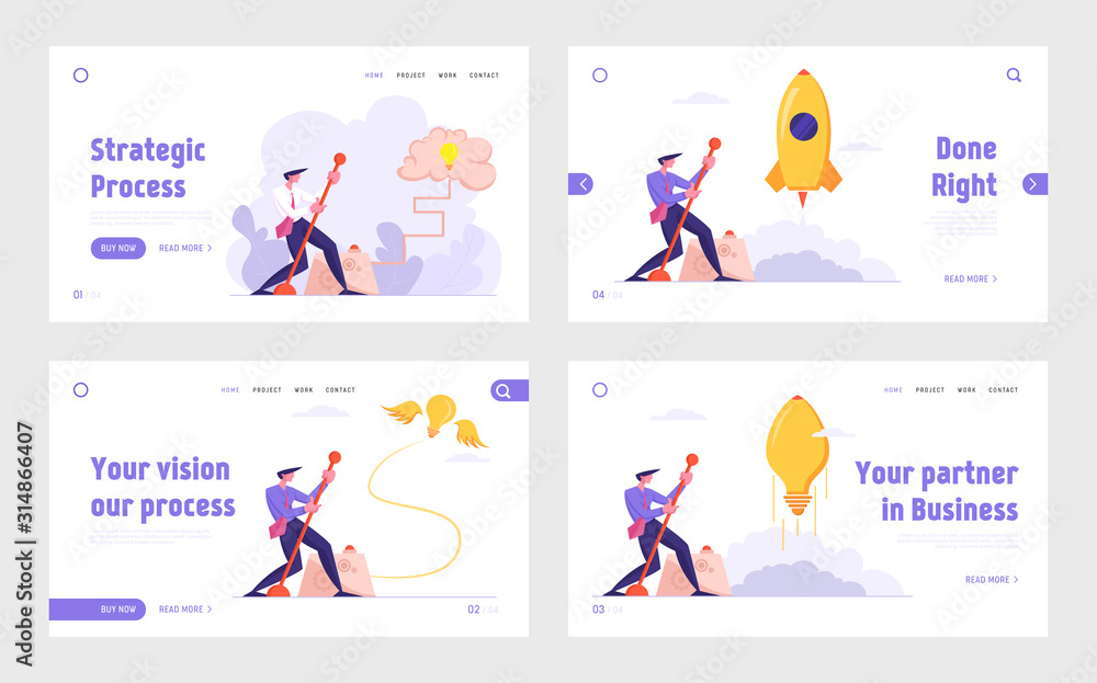Poster creative idea and searching solution website landing page set. businessman launch rocket light bulb 