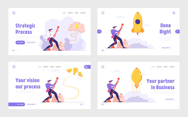 Creative Idea and Searching Solution Website Landing Page Set. Businessman Launch Rocket Light Bulb Push Lever Arm, Business Project Startup, Brain Web Page Banner. Cartoon Flat Vector Illustration