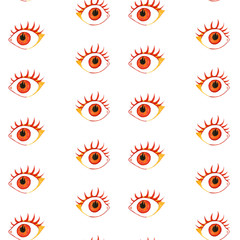 Seamless pattern of eyes. Watercolor colorful retro eye witness cartoon illustration background pattern on white.