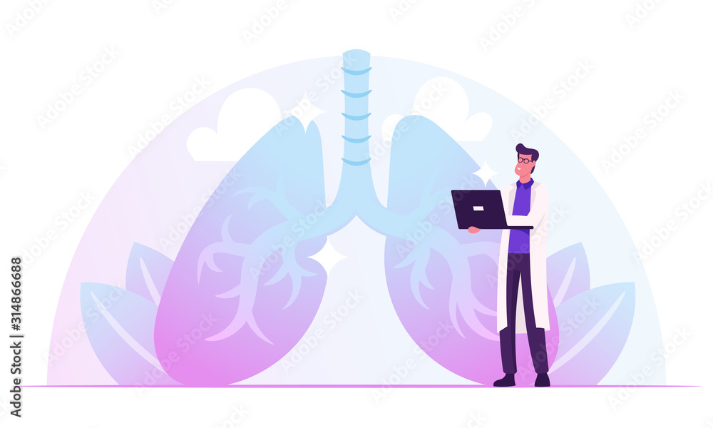 Poster pulmonology doctor working on laptop watching lungs x-rays image on computer screen checking analysi