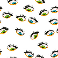 Seamless pattern of eyes. Watercolor colorful retro eye witness cartoon illustration background pattern on white.