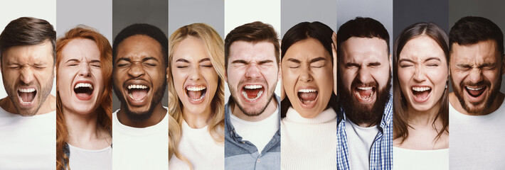 Collage of diverse multiracial angry people screaming