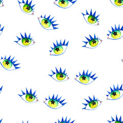 Fototapeta na wymiar Seamless pattern of eyes. Watercolor colorful retro eye witness cartoon illustration background pattern on white.