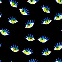 Fototapeta na wymiar Seamless pattern of eyes. Watercolor colorful retro eye witness cartoon illustration background pattern on black.