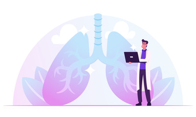 Pulmonology Doctor Working on Laptop Watching Lungs X-rays Image on Computer Screen Checking Analysis Results. Fibrosis Tuberculosis Pneumonia Cancer, Lung Diagnosis Cartoon Flat Vector Illustration