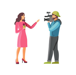 Man video reporter together woman correspondent leading reporting live broadcasting the news. Journalist reporter female at work. Profession correspondent and videographer cartoon vector illustration