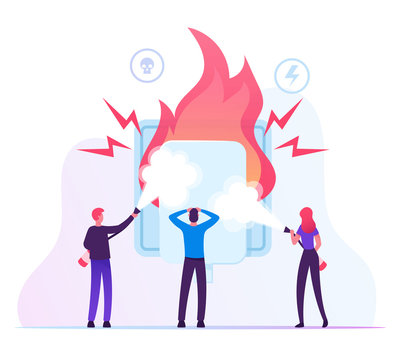 Electrical Safety Concept. People with Extinguishers Put Out Electric Wiring of Socket on Fire. Plug Outlet Shock Power. Short Circuit Overload Electrical Connection. Cartoon Flat Vector Illustration